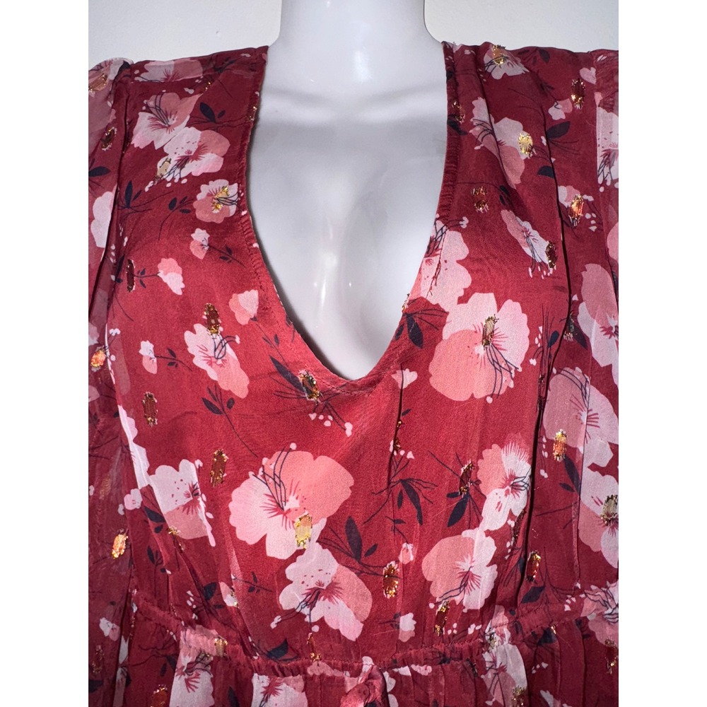 Floral Midi Dress Long Sleeve V Neck Ruffle Hem Burgundy‎ M - Picture 5 of 11